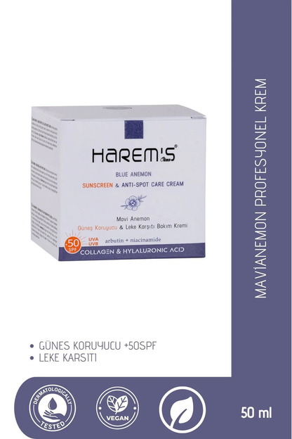 HAREM'S 50 ml Profesyonel Yüz Kremi MAVİ ANEMON ÇİÇEĞİ SPF +50 Renk Bozulmasına Karşı Etkili