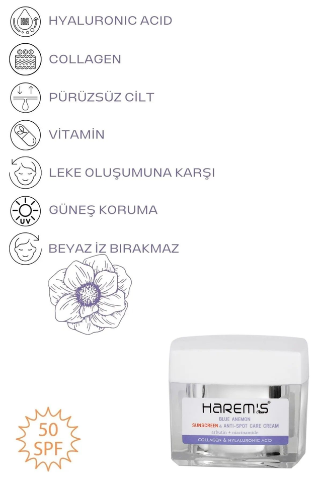 HAREM'S 50 ml Profesyonel Yüz Kremi MAVİ ANEMON ÇİÇEĞİ SPF +50 Renk Bozulmasına Karşı Etkili