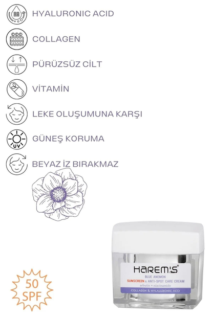 HAREM'S 50 ml Profesyonel Yüz Kremi MAVİ ANEMON ÇİÇEĞİ SPF +50 Renk Bozulmasına Karşı Etkili