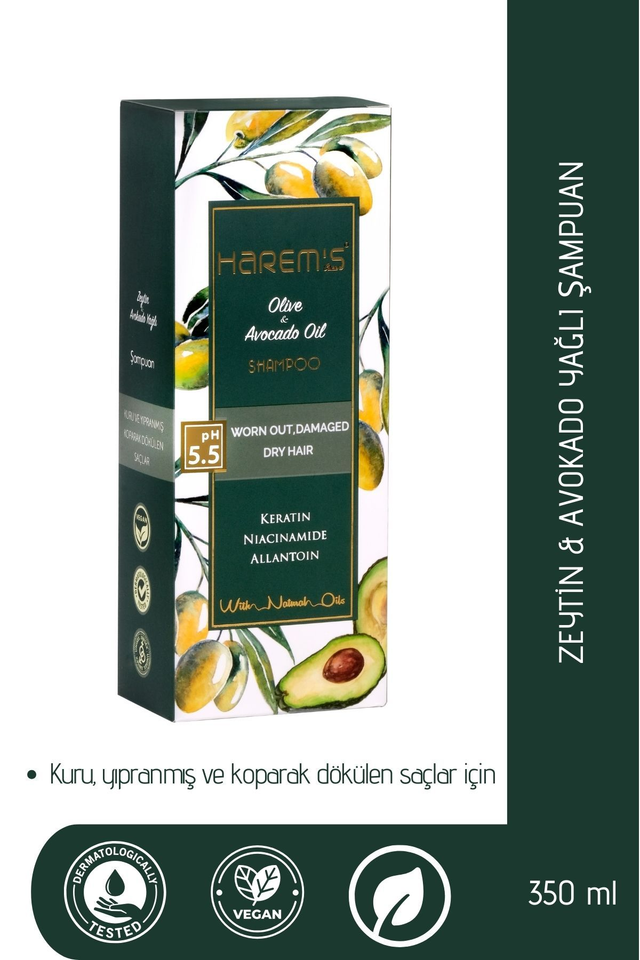 HAREM'S 350 ml Zeytinyağı ve Avokado Yağı içeren hasarlı saçlar için yenileyici şampuan