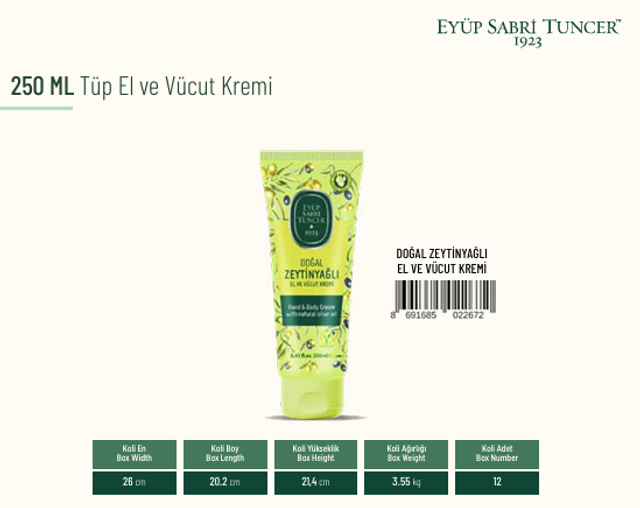 EYUP SABRI TUNCER 250ml Doğal Zeytinyağlı El ve Vücut Kremi